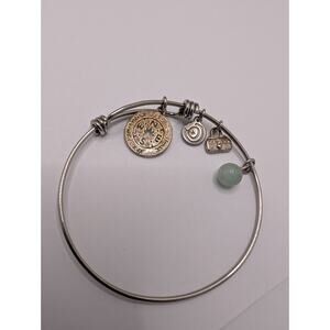 Alex and Ani Expandable Compass Charm Bangle Bracelet Silver Green Bead